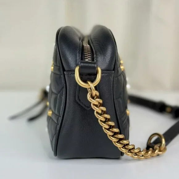 Gucci Black Leather Marmont Shoulder Bag Crossbody with Pearl Embellished - Picture 2 of 9